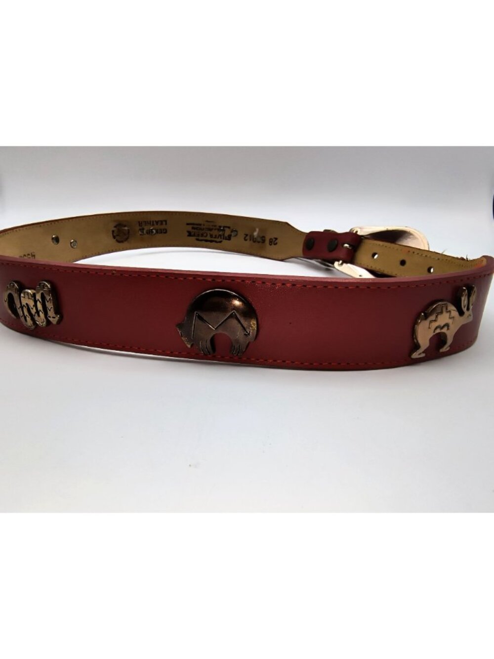 Vintage Silver Creek Tooled Leather Belt With Western Brass Accents & Navajo-Ins - Picture 4 of 5